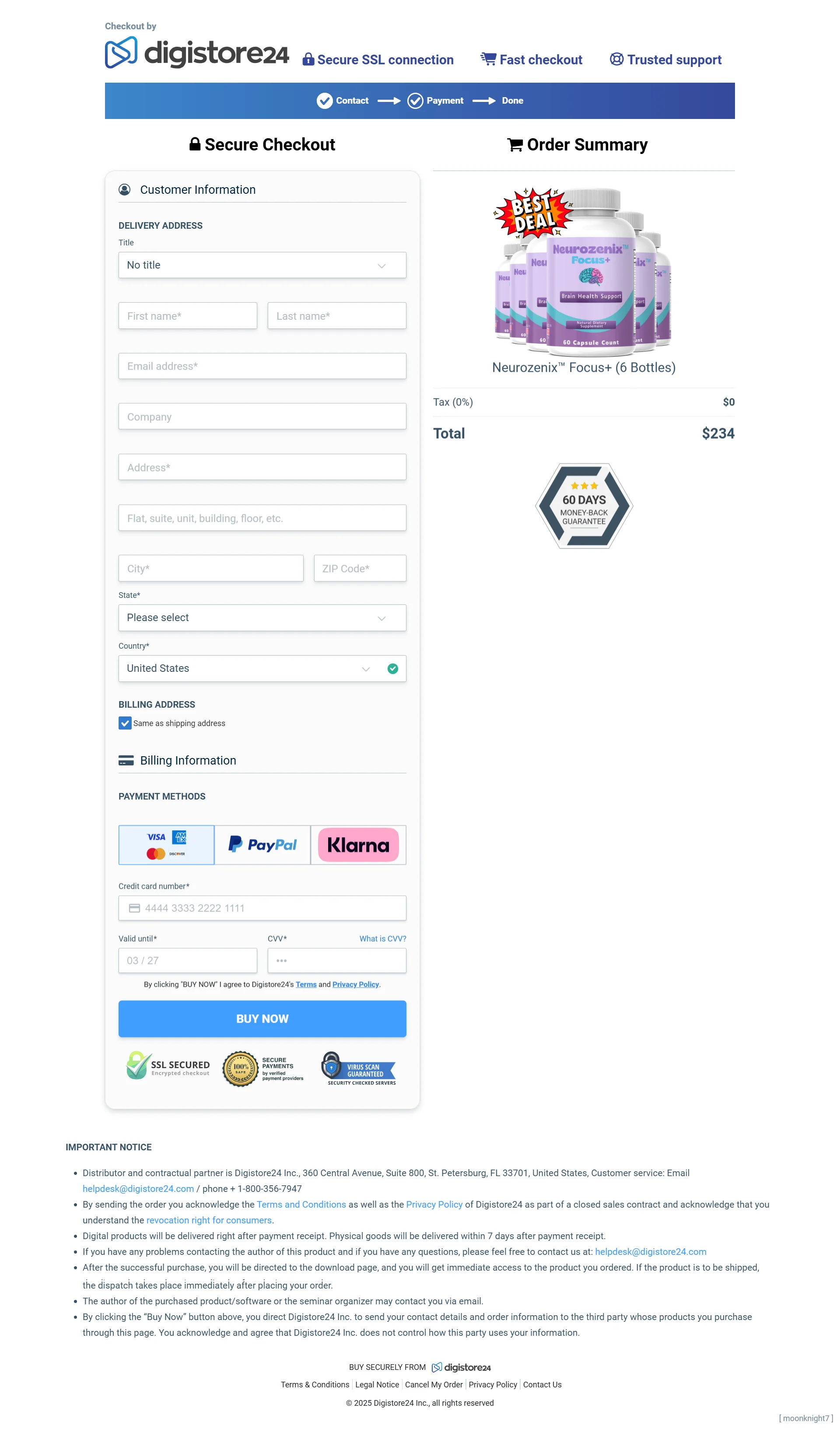 Neurozenix™ Focus+ order form